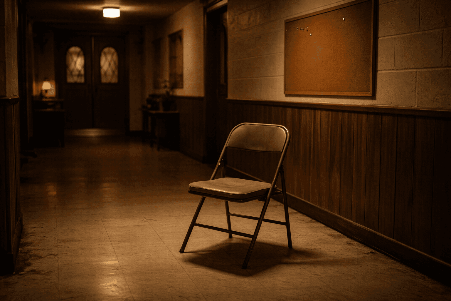 An empty folding chair in a quiet chapel hallway, representing the shift from running programs to connecting people to the right help.