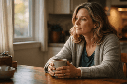Woman sitting alone at a kitchen table with coffee, looking out the window in quiet reflection about family decisions.