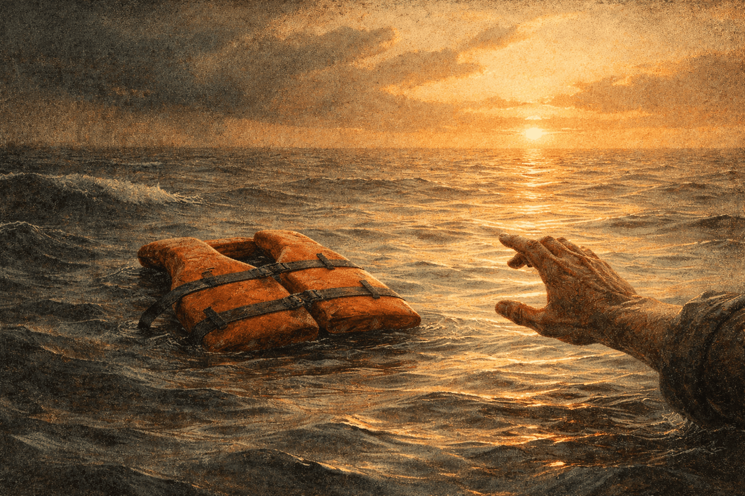 Lifejacket on water with reaching hand symbolizing hope available during the struggle not just after