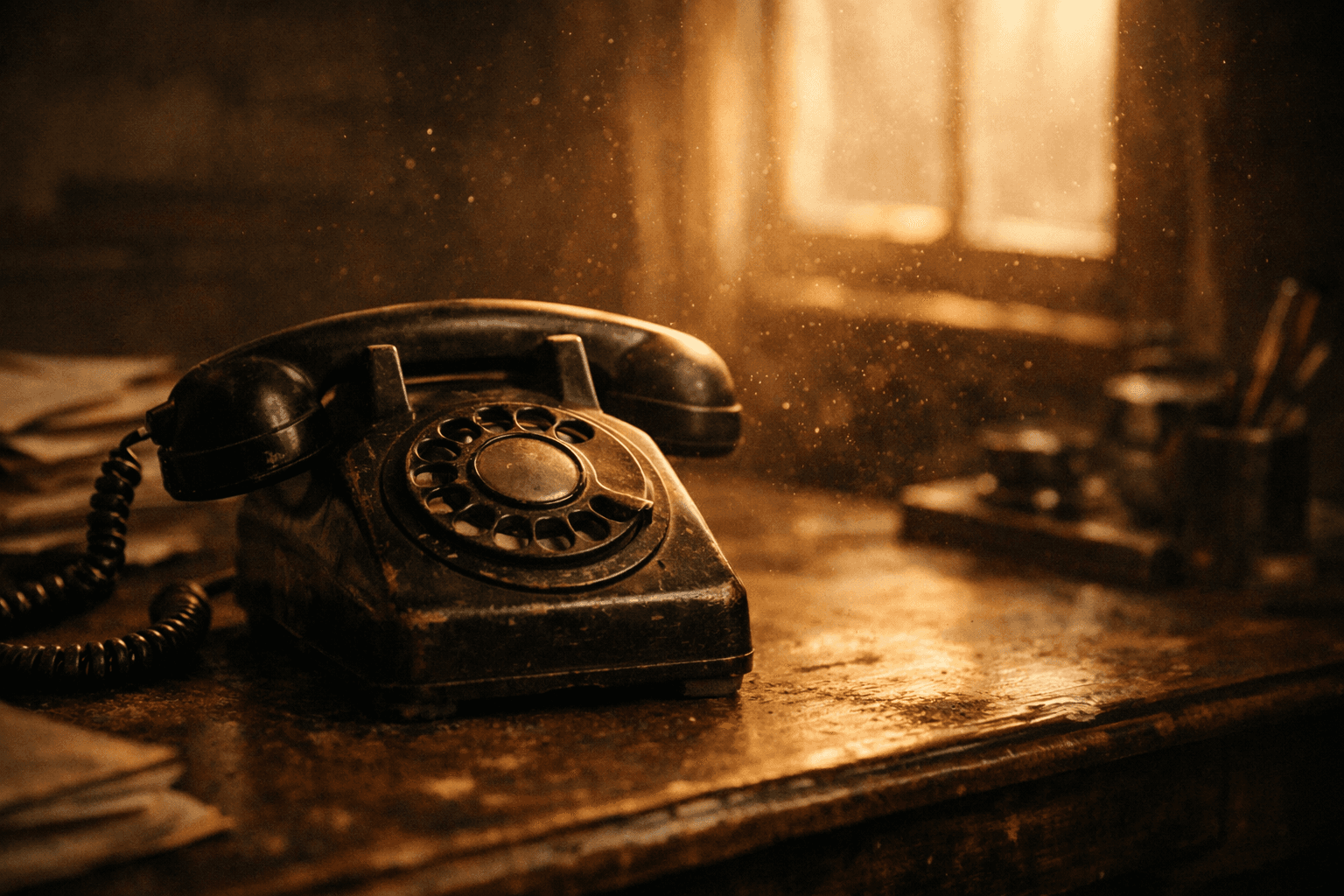 An old rotary telephone on a worn wooden desk lit by warm amber window light