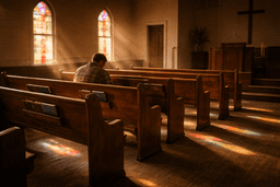 A person sitting alone in a quiet church sanctuary with afternoon light streaming through stained glass windows