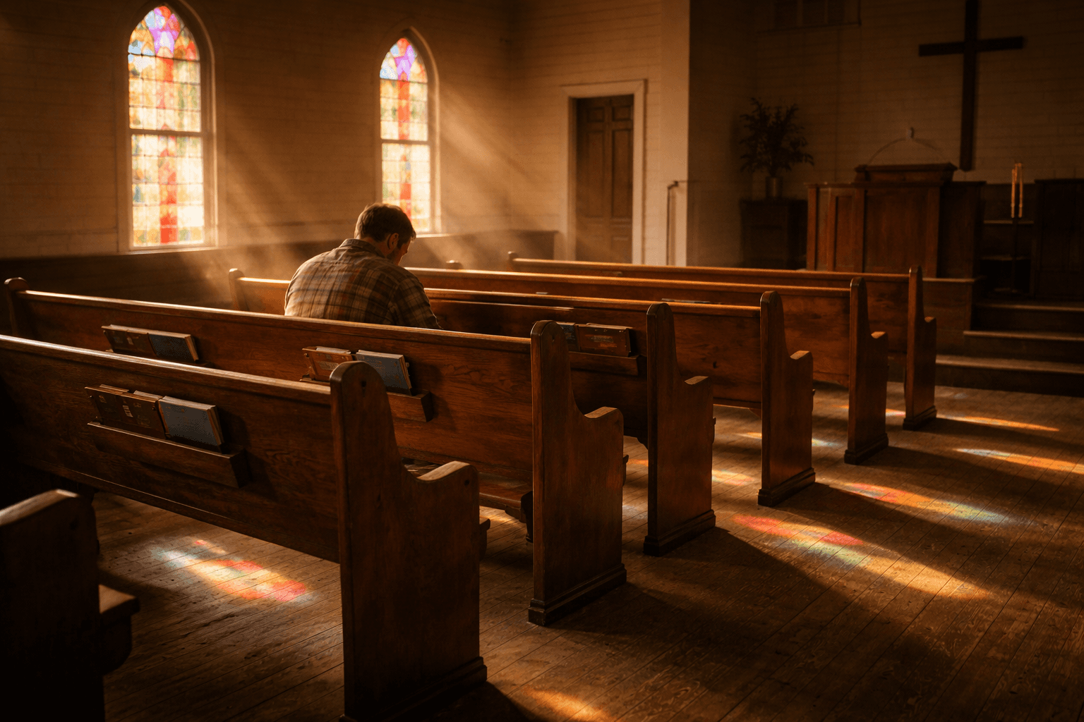 A person sitting alone in a quiet church sanctuary with afternoon light streaming through stained glass windows