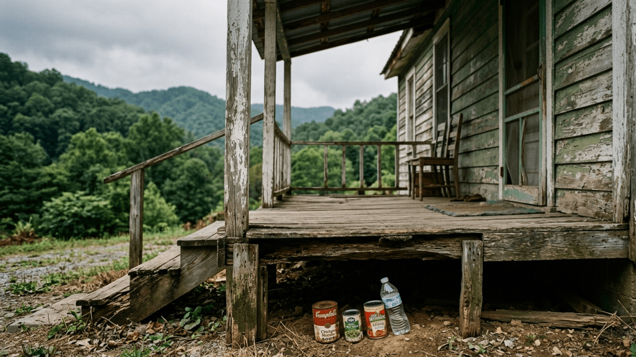 Canned food and a water bottle hidden under a weathered porch in rural Appalachia where children in McDowell County West Virginia hide food kits so their parents will not find them