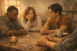 Young ministry team members in honest conversation around a table, warm lighting, contemplative mood