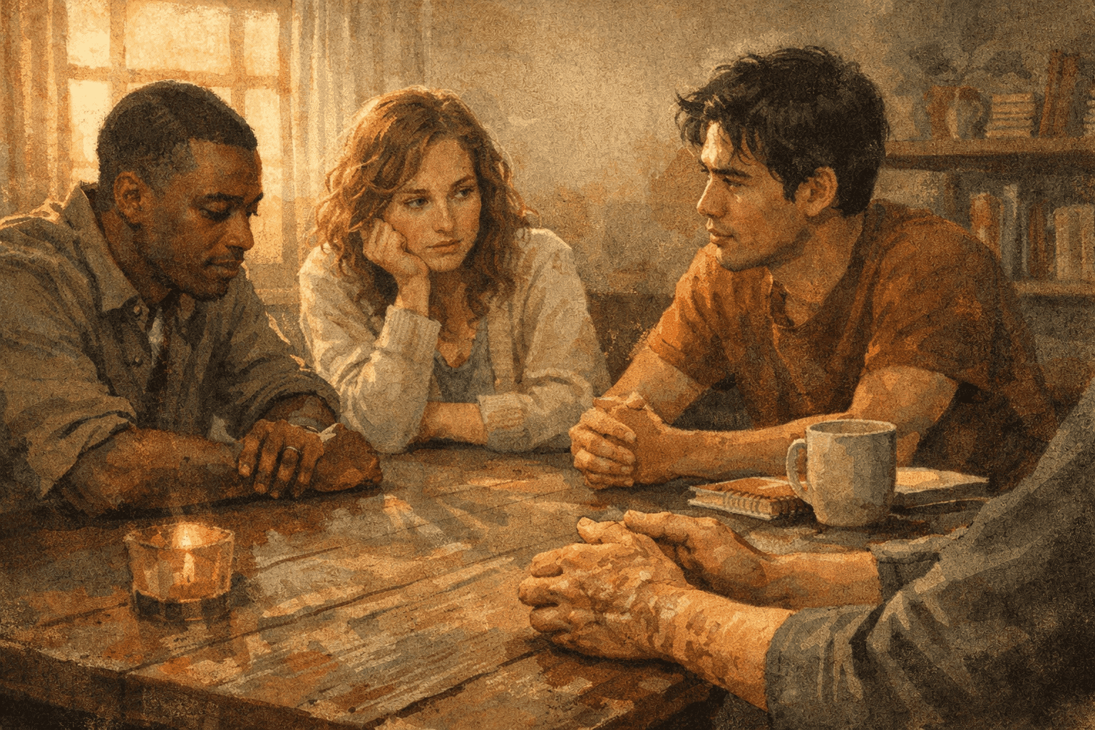 Young ministry team members in honest conversation around a table, warm lighting, contemplative mood