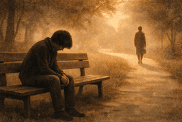 One person seated on a bench while another walks away in the distance, an empty path between them suggesting words left unspoken