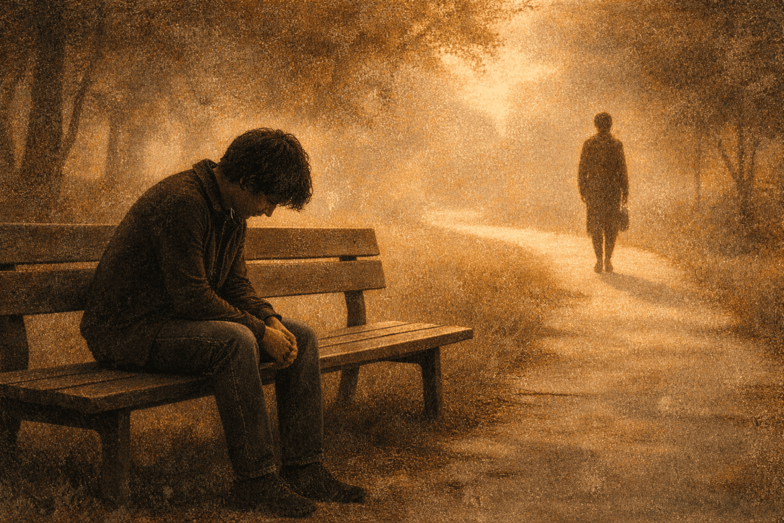 One person seated on a bench while another walks away in the distance, an empty path between them suggesting words left unspoken