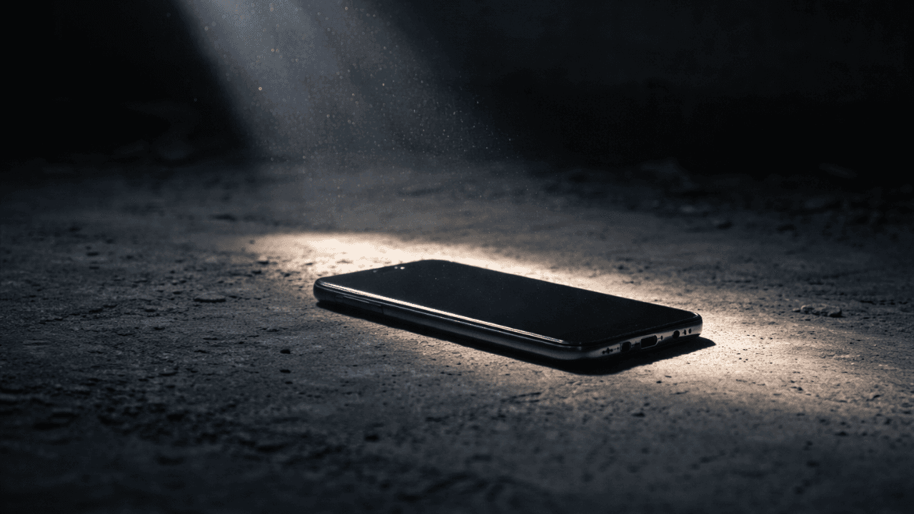 A phone lying face-down on concrete with a beam of light from above, symbolizing turning away from pornography addiction