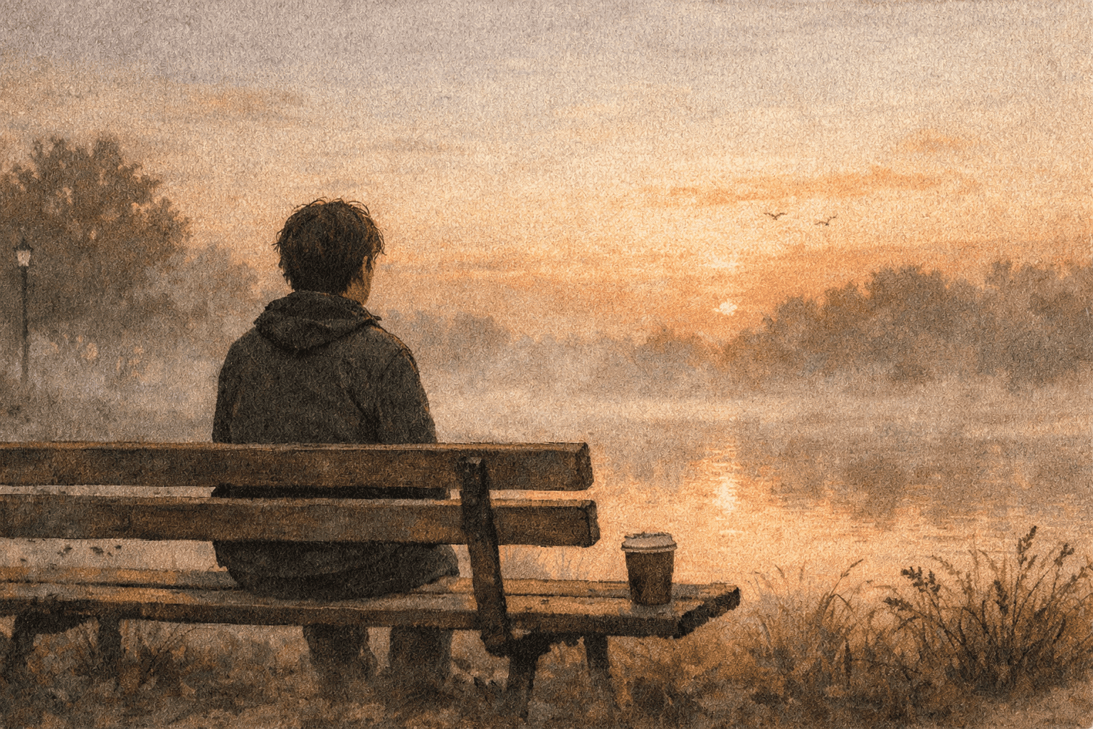 Person sitting alone on park bench at dawn, quiet unrest beneath outward calm, fog lifting