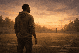 Young Black man standing alone on empty football field at dusk, quiet determination, sense of defying low expectations