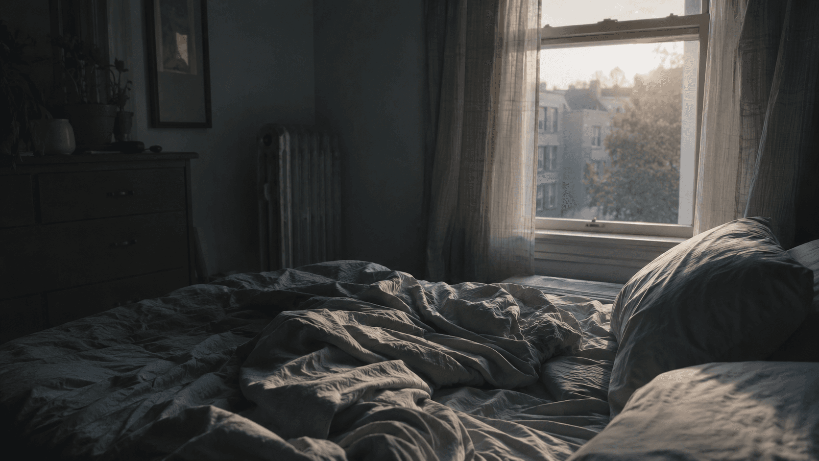 First grey morning light through a window falling across an unmade bed in a quiet, shadowed room.
