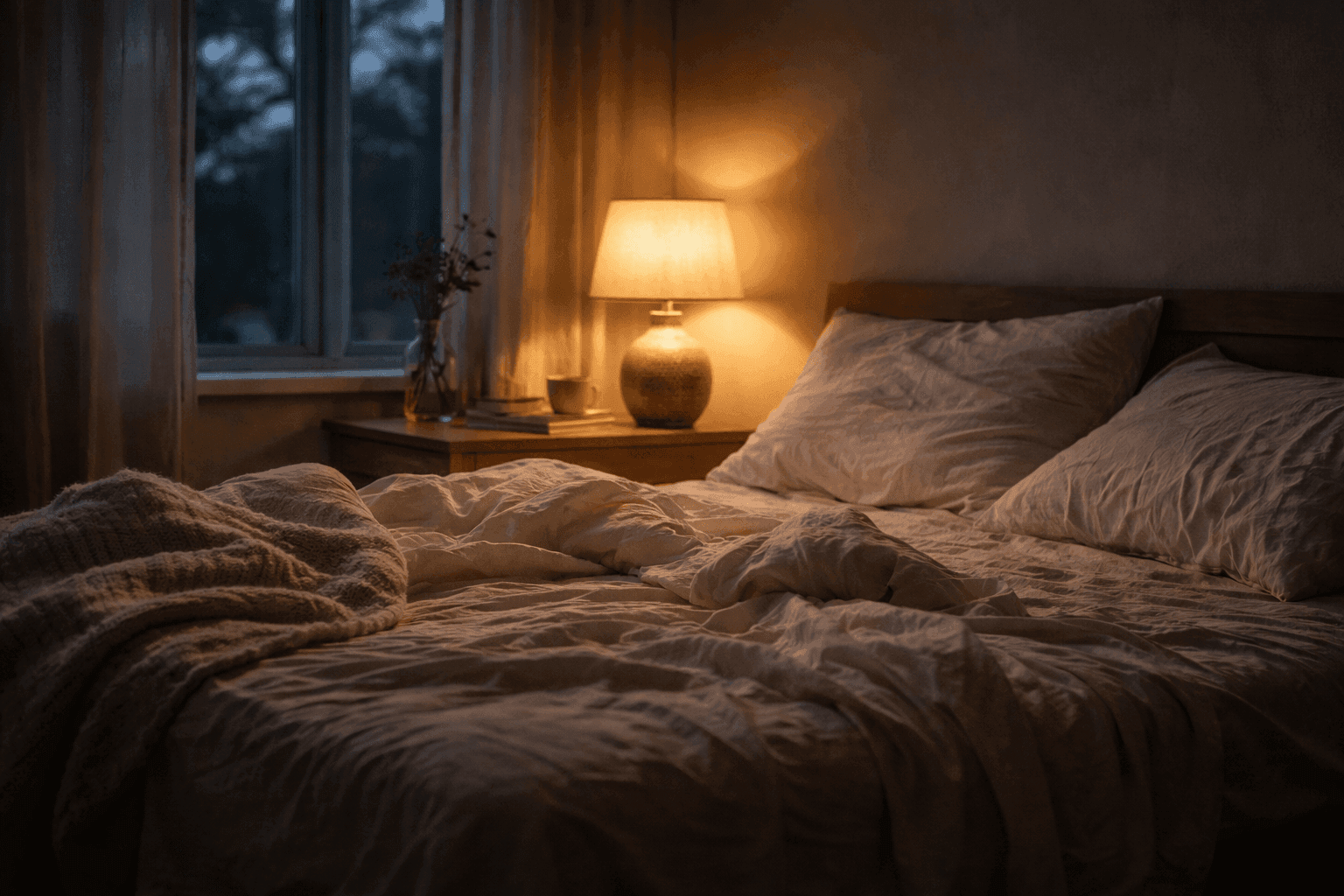 Soft lamplight on an unmade bed in the quiet hours before dawn.