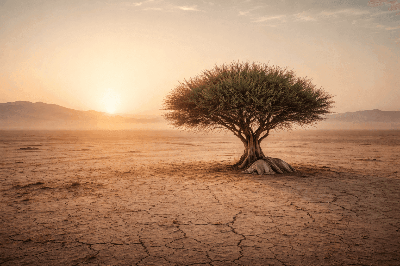 A solitary tree in a desert landscape with dawn light breaking through, representing Elijah's depression and God's faithfulness.