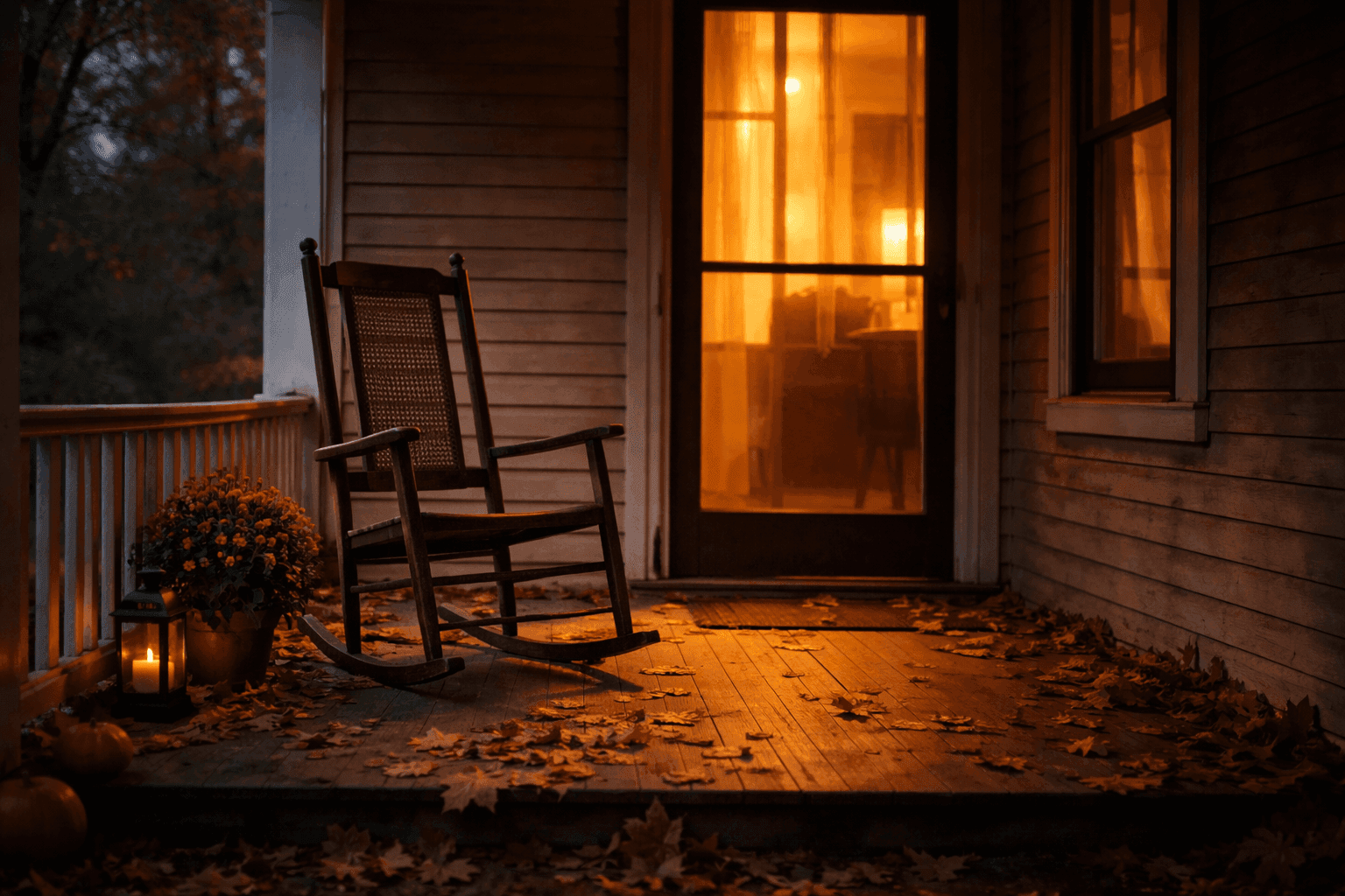 Empty chair on front porch at dusk with warm light from inside house, representing quiet grief and presence