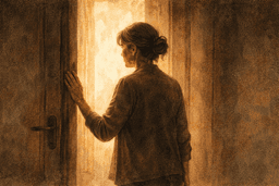 A woman standing calmly at a doorway, her hand on the frame, choosing not to step through—representing boundaries held with grace