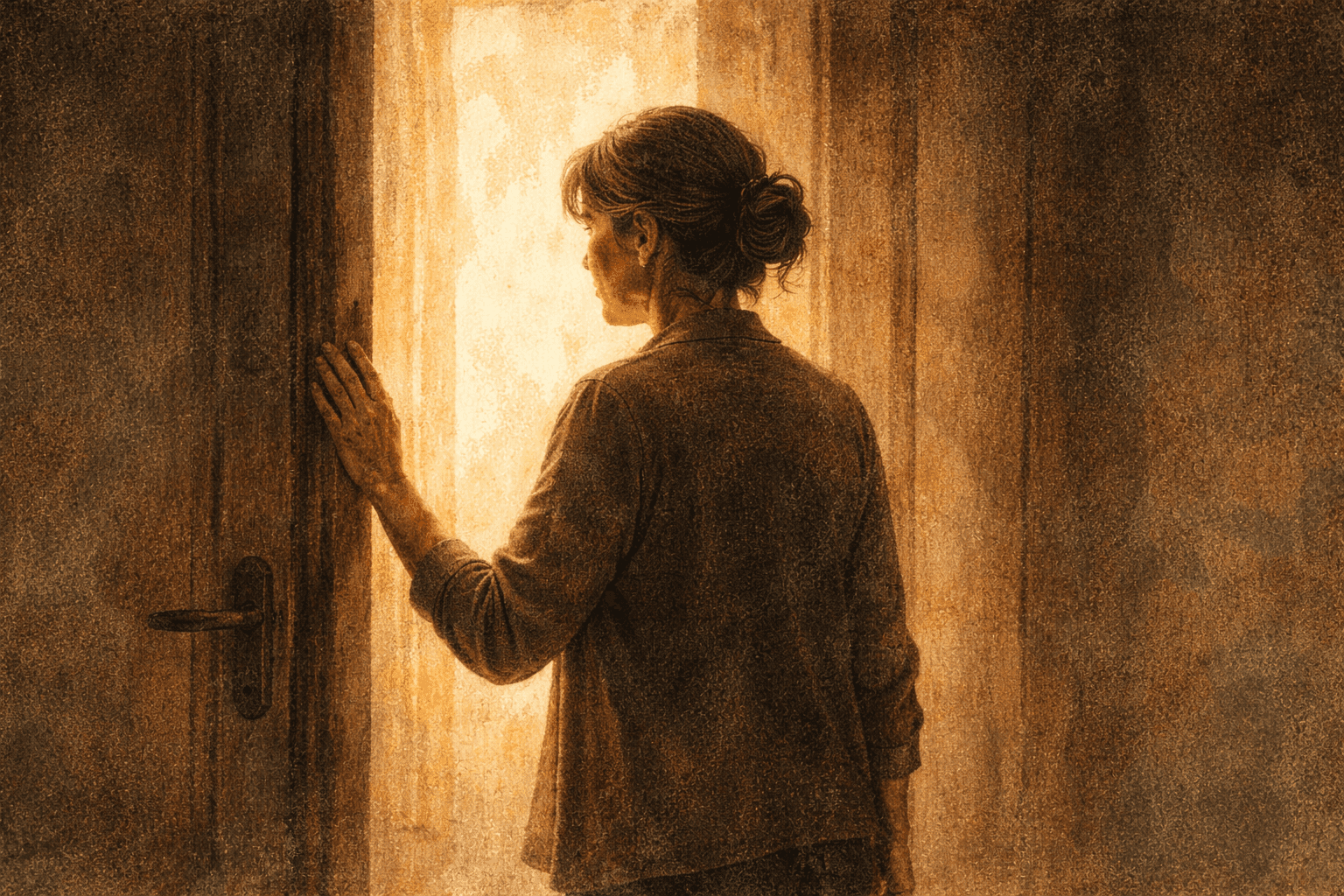 A woman standing calmly at a doorway, her hand on the frame, choosing not to step through—representing boundaries held with grace