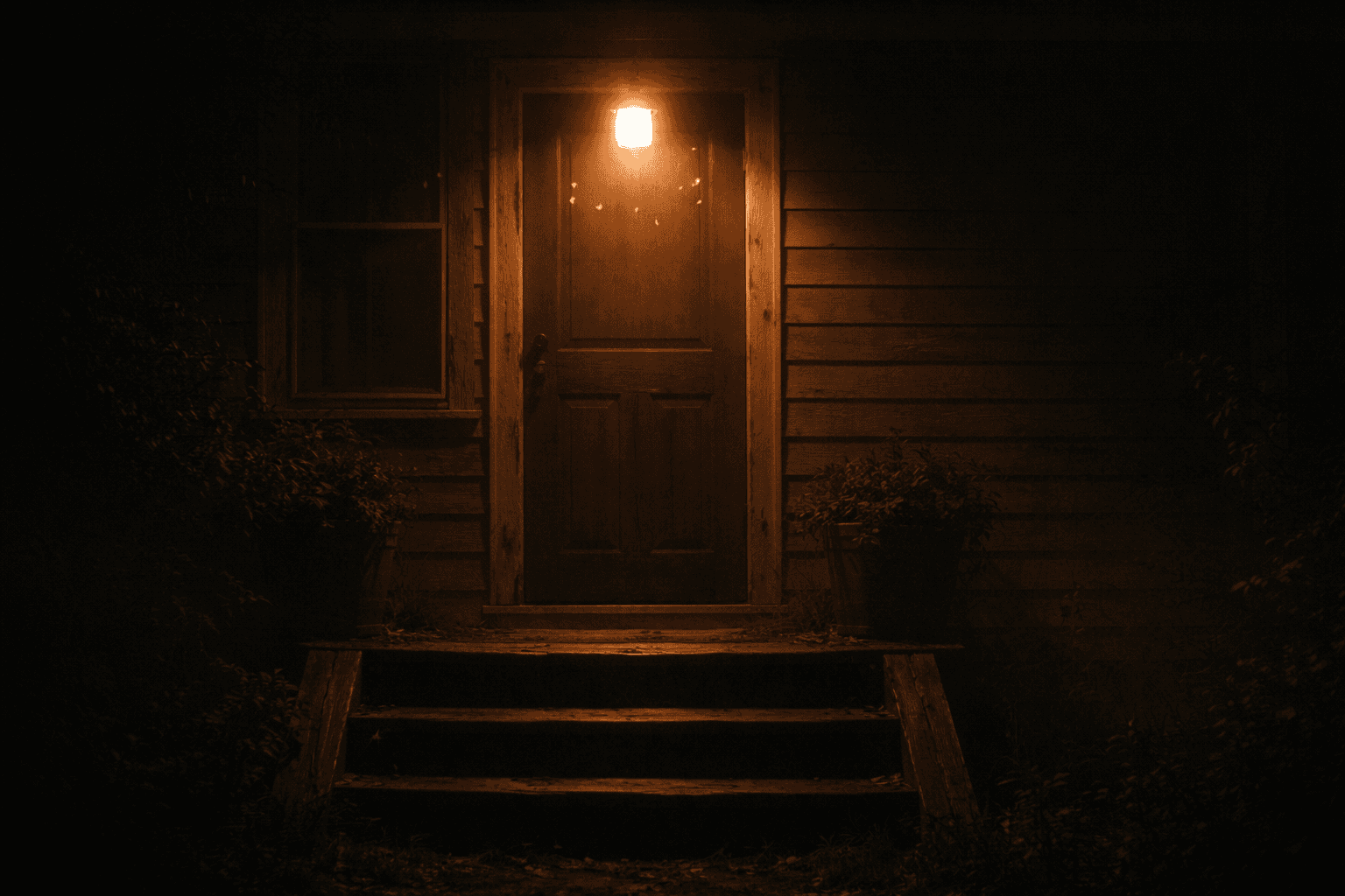 A warm porch light glowing against a dark house at night with worn wooden steps leading to a closed door