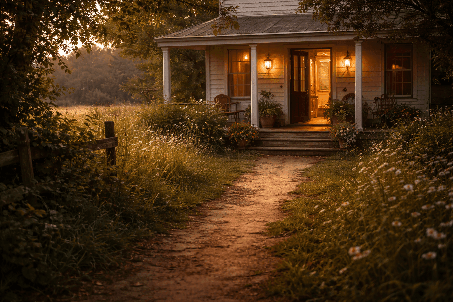 A worn dirt path leading to a farmhouse porch with the door standing open.