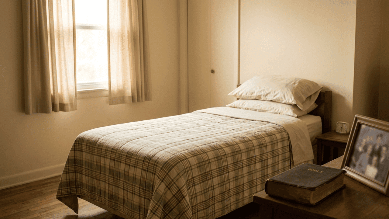 An empty bedroom with a neatly made bed, a bedside table with a framed family photo, morning light through curtains — the room of someone who is away