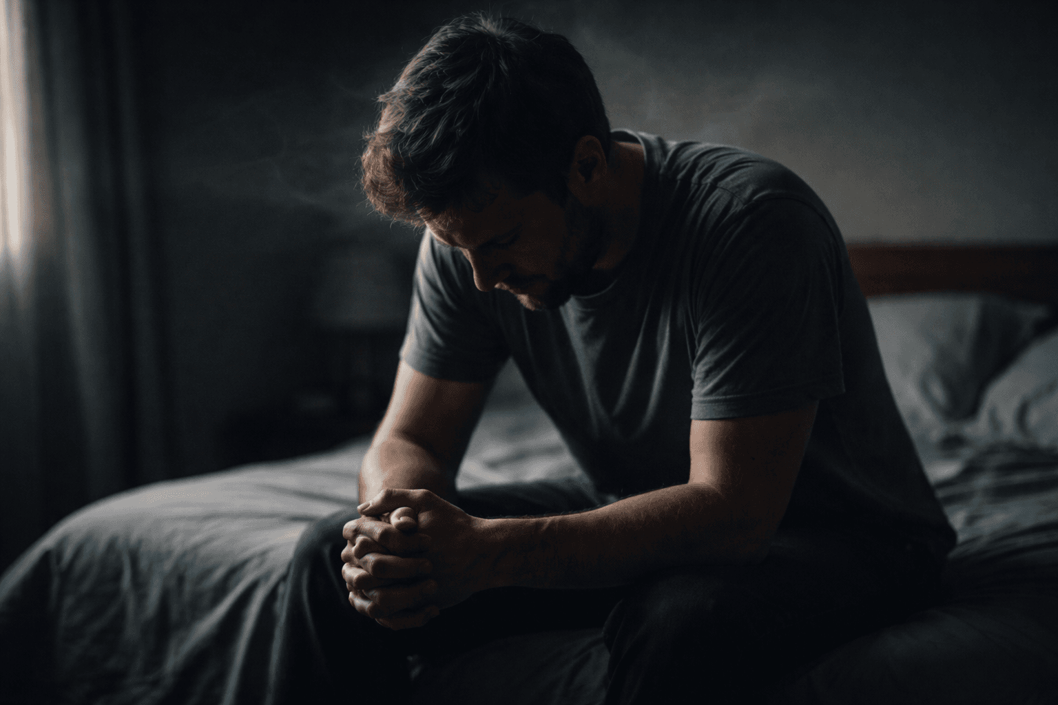 A person sitting alone on his bed overcome with worry.