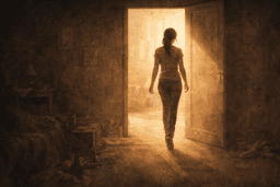 Person stepping through doorway from shadows into structured light representing exchange of old life for new