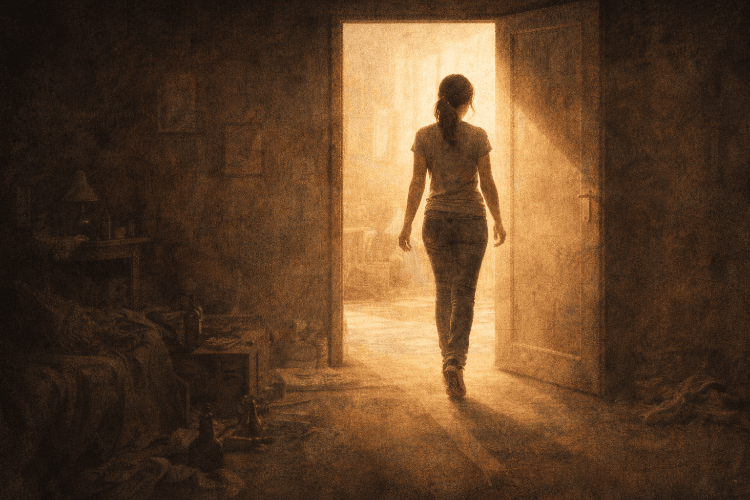 Person stepping through doorway from shadows into structured light representing exchange of old life for new