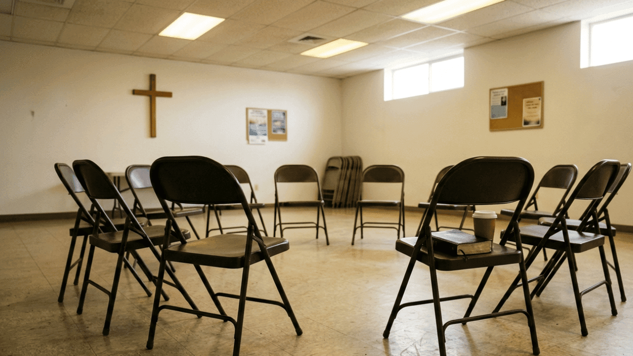 Folding chairs arranged in a circle inside a church fellowship hall, a Bible and coffee on one chair, warm overhead lighting suggesting community gathering