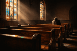 A solitary figure sits in an empty church pew, head bowed, as colored light from a stained glass window falls across the sanctuary, representing the isolation of church hurt and the possibility of healing.