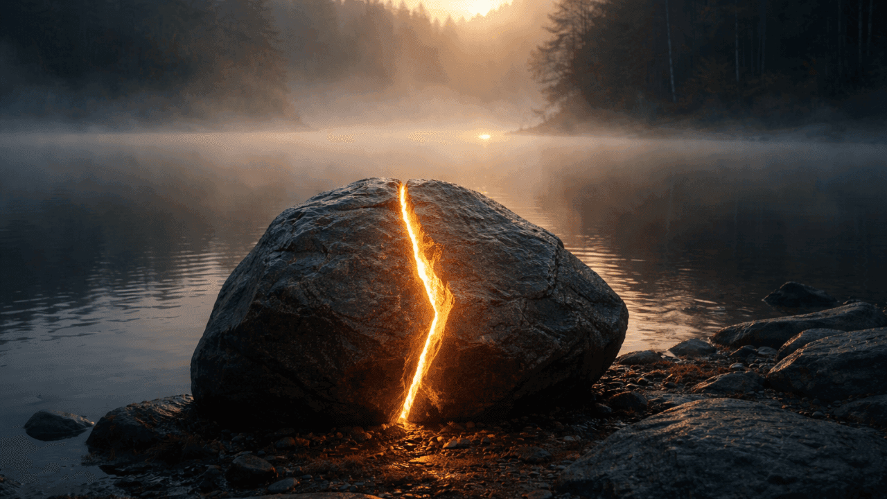 Cracked stone at dawn with light breaking through, symbolizing release from guilt and shame