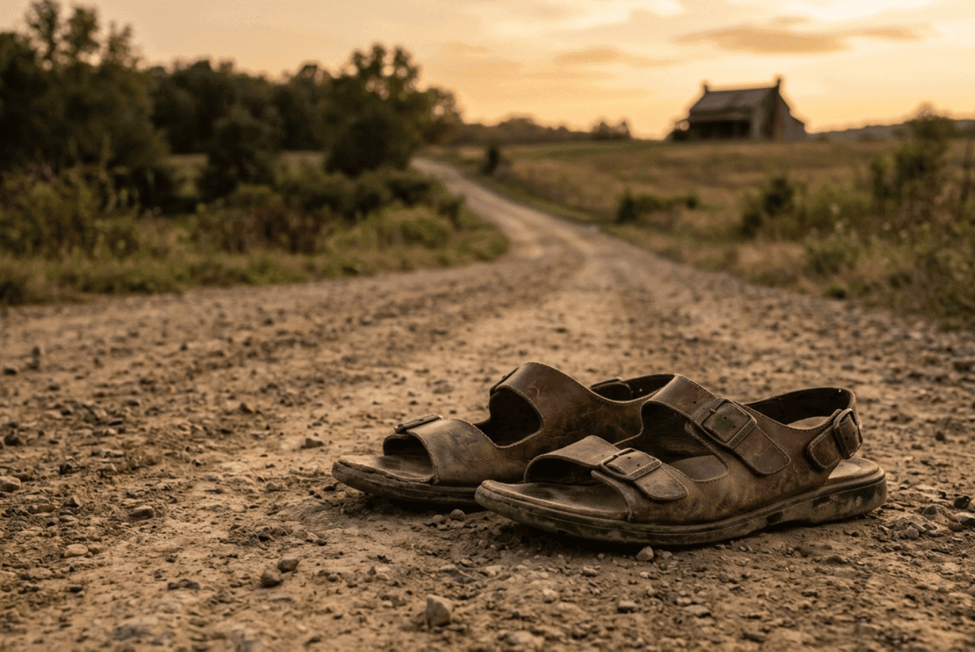 Worn sandals on a dusty road leading toward a distant home, representing the journey of rebuilding life after addiction.