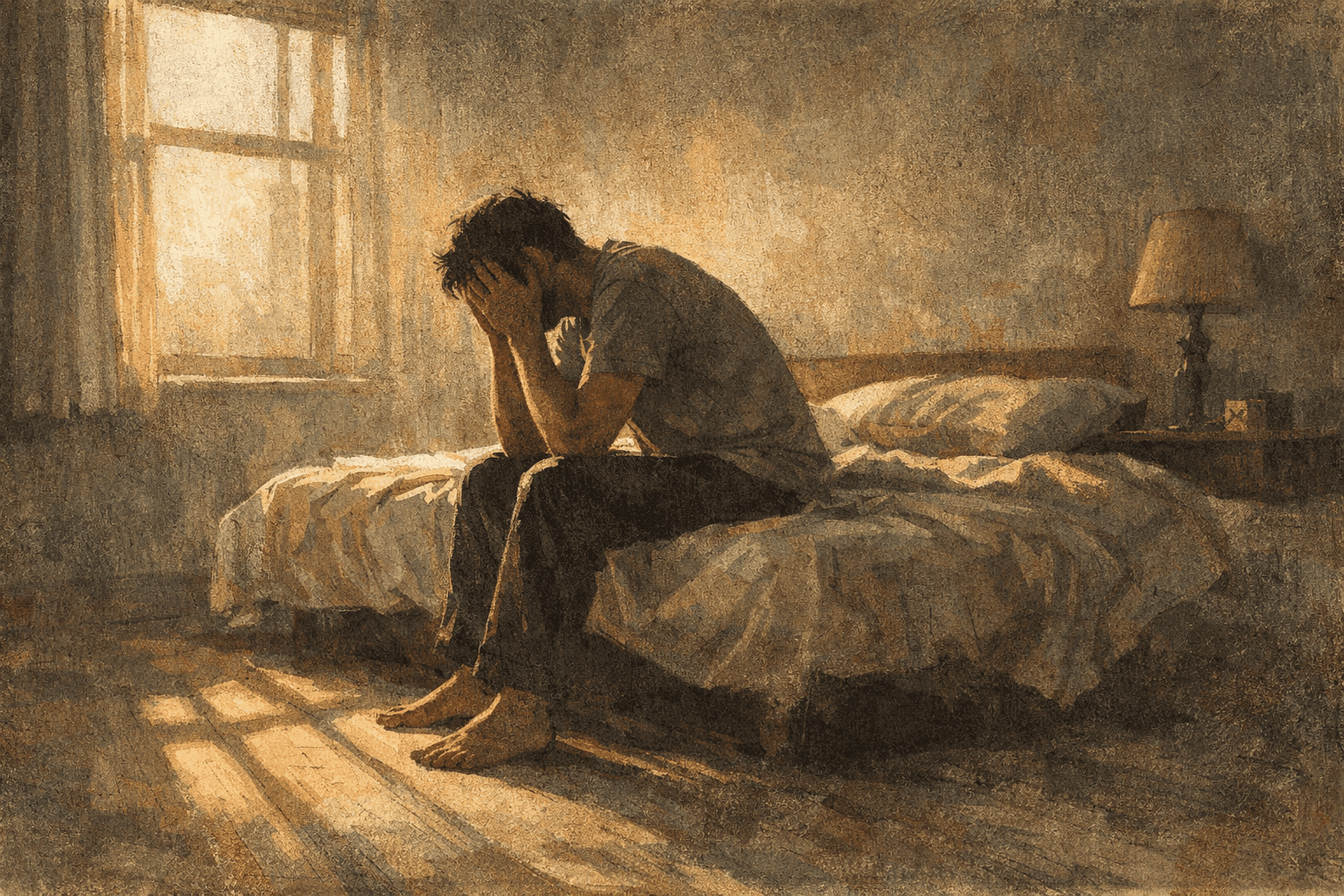 Person sitting in dark room during early recovery experiencing physical and emotional pain of withdrawal and healing