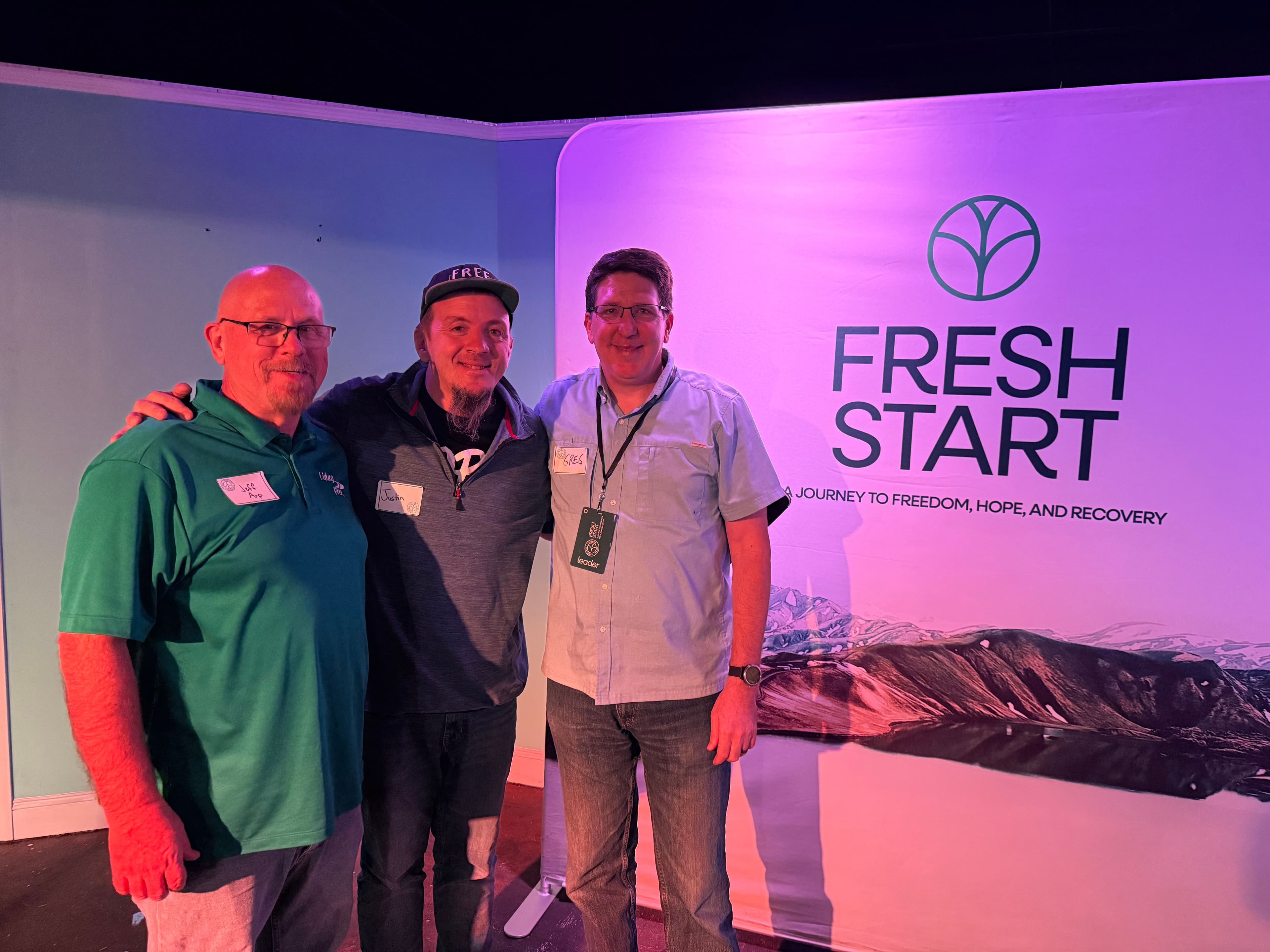 Justin Franich with Jeff Arp, Vice President of Living Free, and Greg Keylon, President of Living Free, at City Church Chattanooga's Fresh Start group