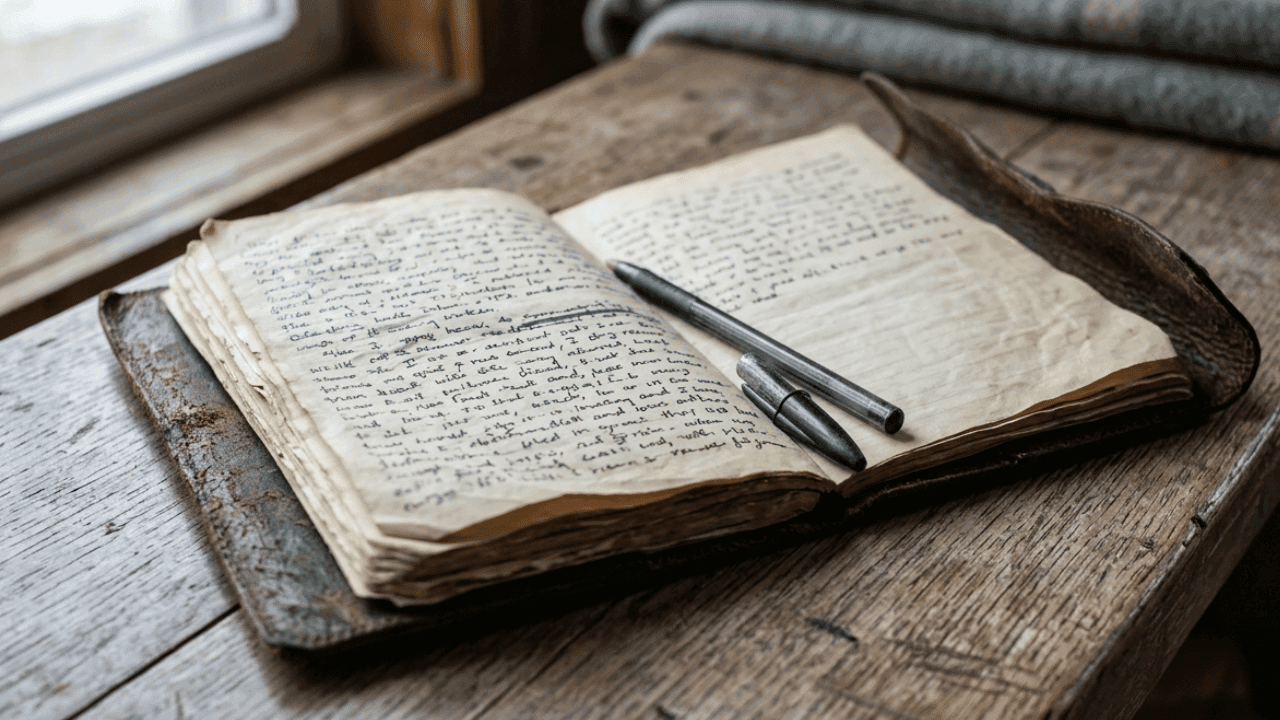 A well-worn journal lying open on a wooden bench with a pen resting across the pages