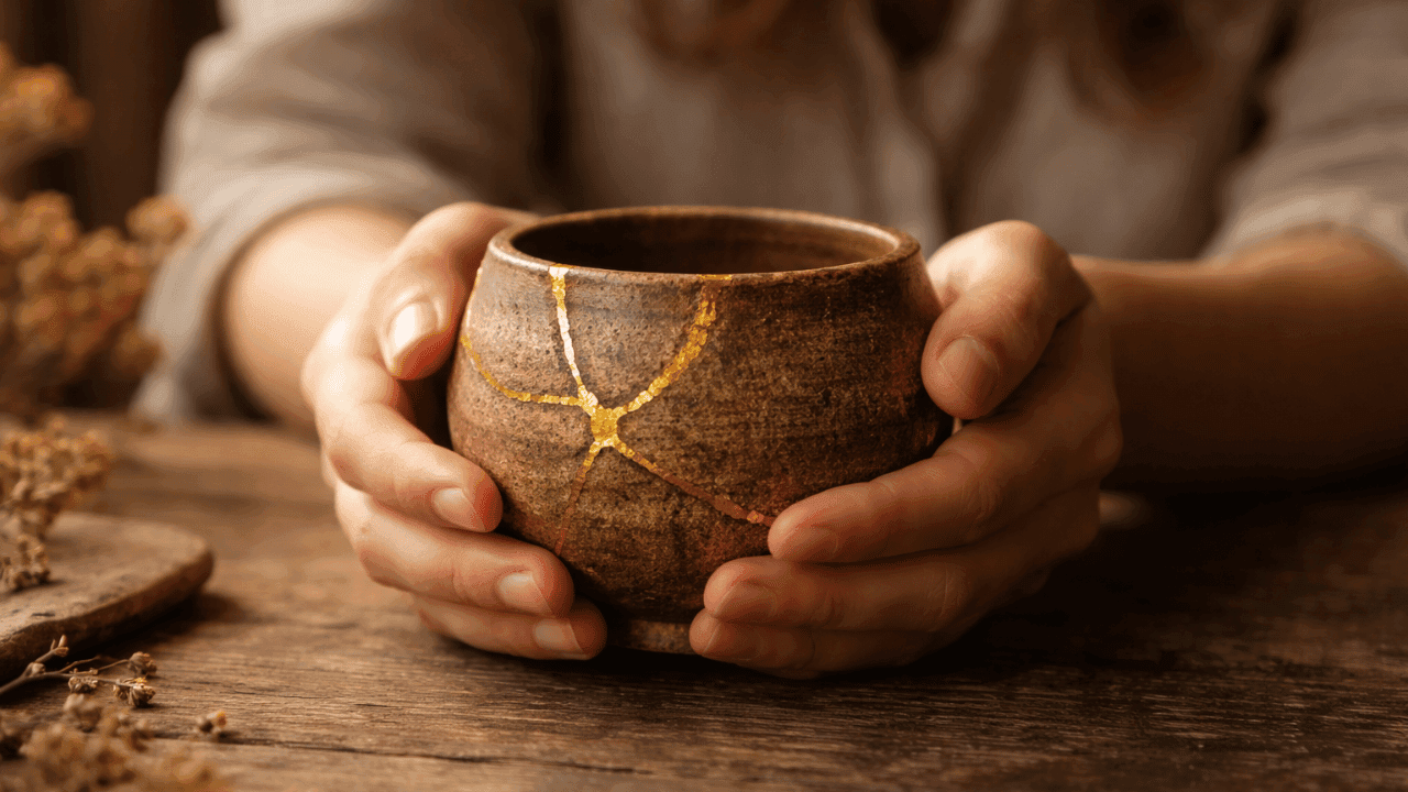Broken clay pot repaired with gold on a wooden table, symbolizing healing from trauma through faith