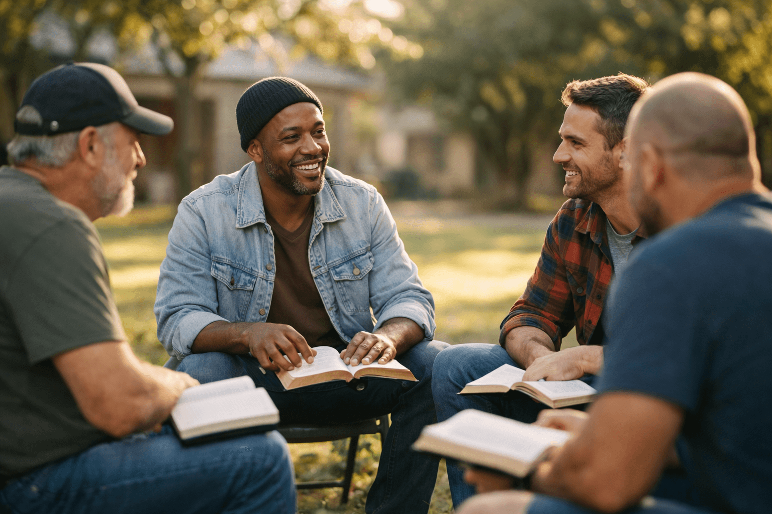 Men sitting in an outdoor circle with Bibles during a morning study session at a faith-based recovery program.